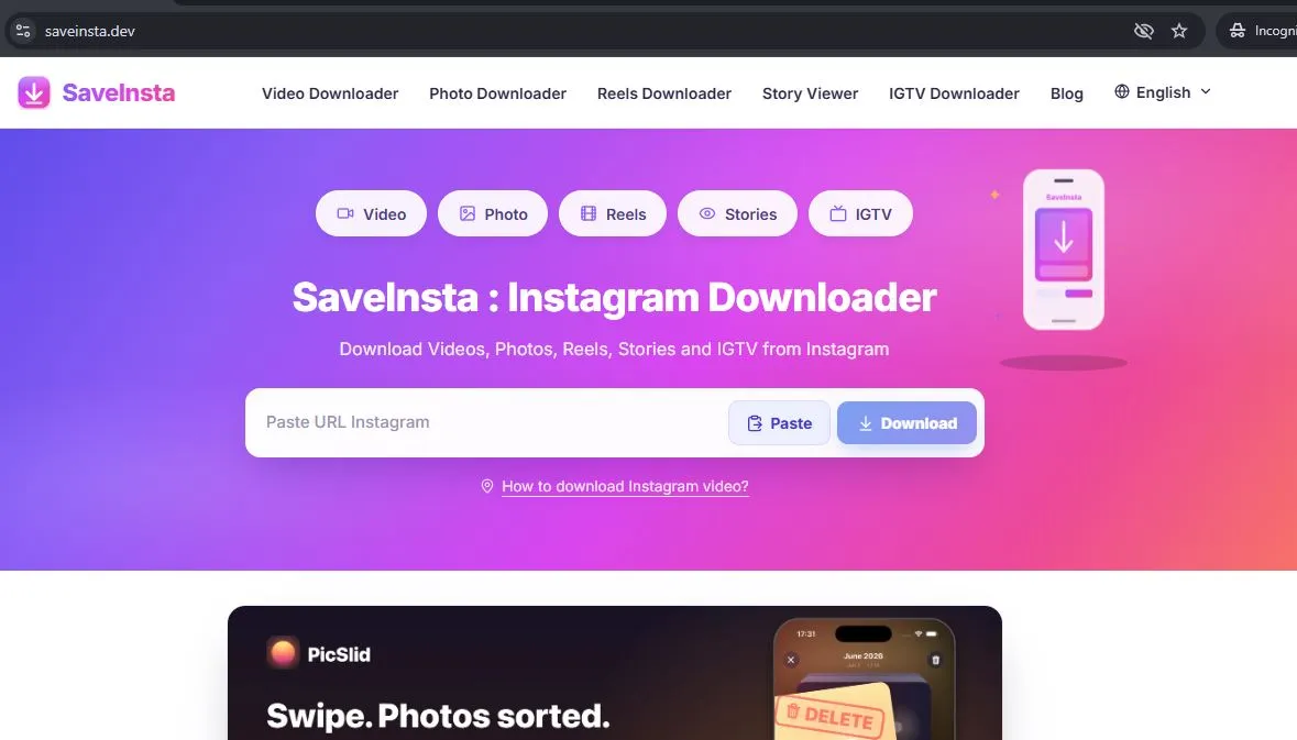 SaveInsta free Instagram video and Reels downloader