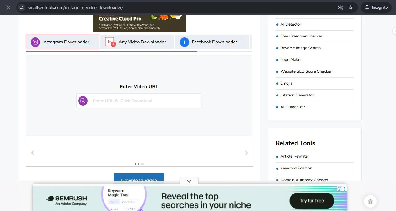 SmallSEOTools Instagram video downloader tool